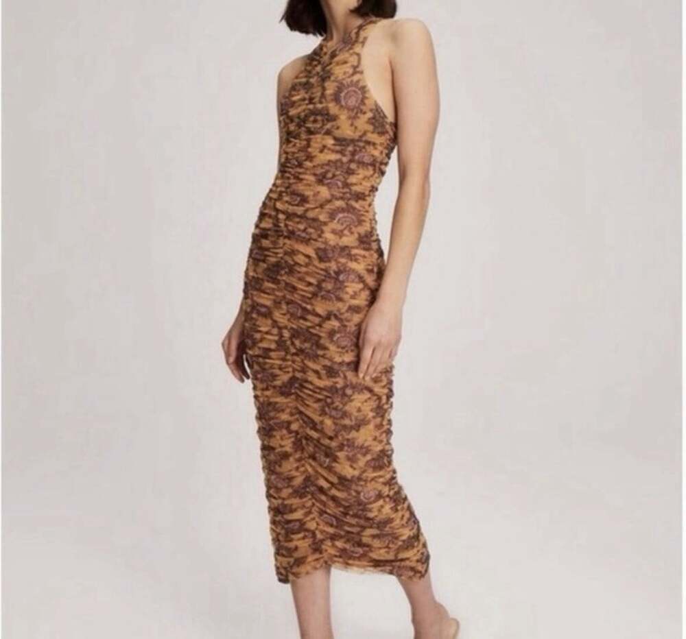 ALC A.L.C. Ruched Mesh Floral Print Racerback Midi Dress Size Small